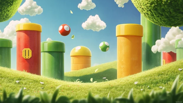 Super Mario 4K Wallpaper with colorful warp pipes and floating clouds above green meadows.
