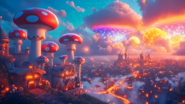Super Mario 4K Wallpaper with high resolution Mushroom Kingdom and glowing rainbow skies.
