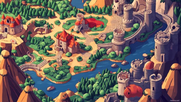 Super Mario World Wallpaper featuring a vibrant map overview with castles, forests, and secret paths.