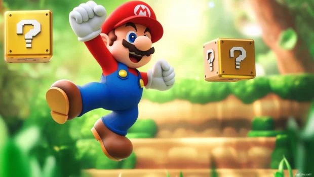 Super Mario World Wallpaper in high detail showing Mario jumping between spinning platforms.