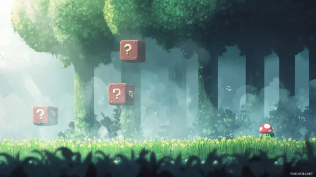 Super Mario World Wallpaper inspired by the Forest of Illusion with fog and hidden enemies.