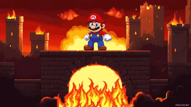 Super Mario World Wallpaper of Mario standing on a bridge above lava in a castle level.