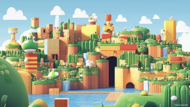 Super Mario World Wallpaper of the main overworld with Yoshis Island and colorful levels.