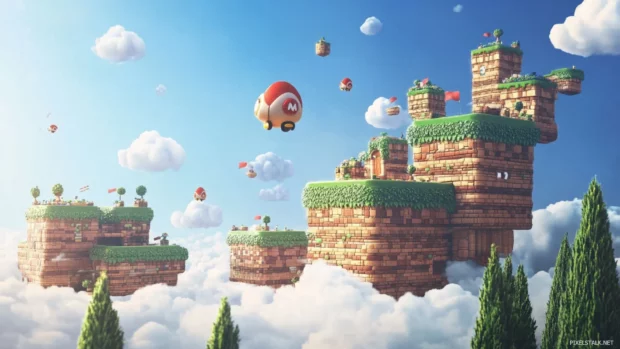 Super Mario World Wallpaper showing the sky level filled with platforms, clouds, and flying Koopas.