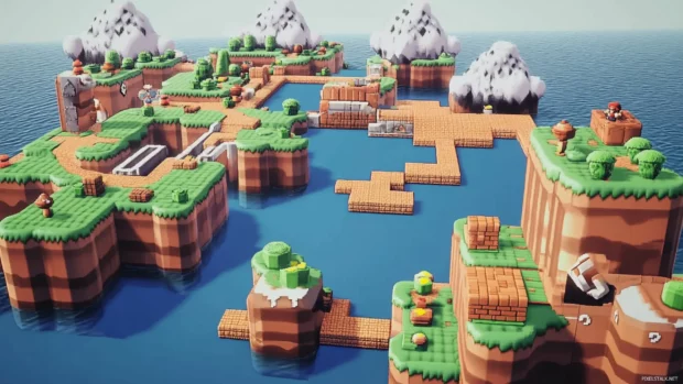 Super Mario World becomes a giant puzzle as Mario reconfigures blocks to unlock new paths.