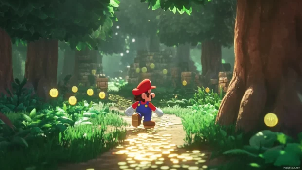Super Mario World reveals secret paths as Mario follows a line of coins into the forest.