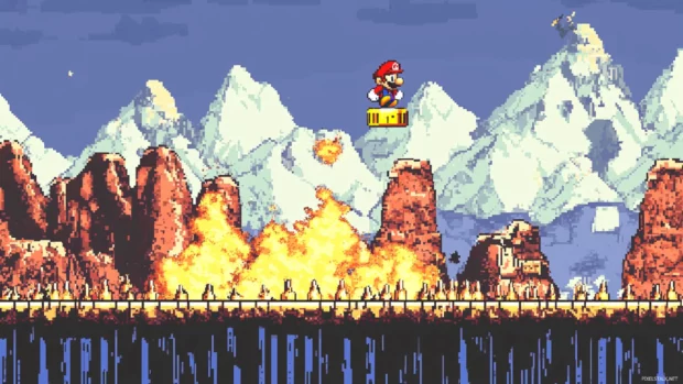 Super Mario World unfolds as Mario jumps onto a moving platform above spikes and lava.