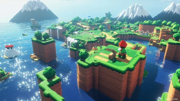 Super Mario World zooms out showing Mario crossing over land, sea, and sky in one seamless path.