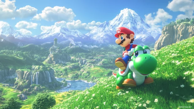 Super Mario Worlds mountains loom in the distance as Mario rides Yoshi across a green plain.