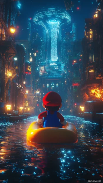 Super Mario balances on a floating raft as it drifts upward through glowing tunnels.