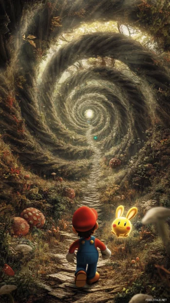 Super Mario chases after a golden rabbit through a twisting garden of warp zones.