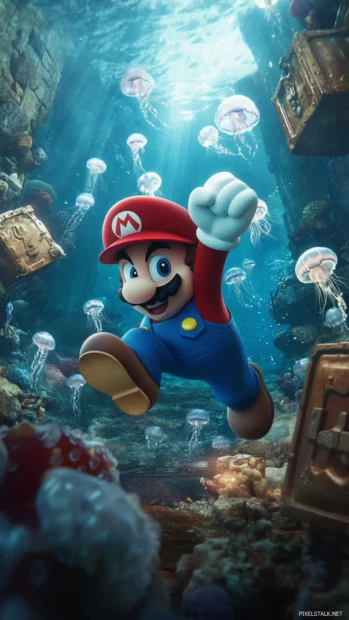 Super Mario dives into an underwater stage surrounded by jellyfish and treasure chests.