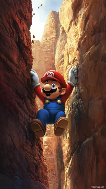 Super Mario dodges Bullet Bills flying past as he climbs a narrow canyon wall.
