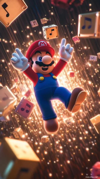 Super Mario floats upward through musical blocks as stars sparkle around him.