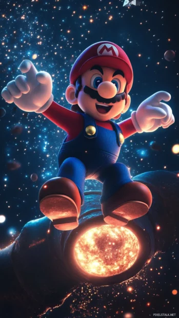 Super Mario iPhone Wallpapers capturing Mario leaping into a glowing warp pipe under stars.
