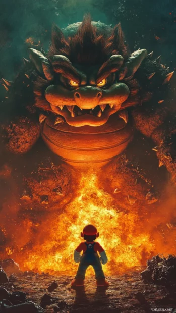 Super Mario iPhone Wallpapers featuring Bowser facing Mario in an epic vertical lava scene.