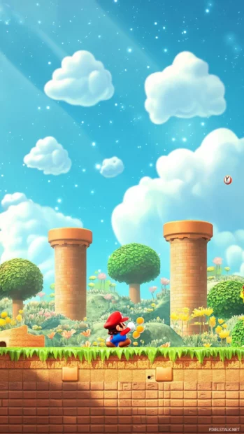 Super Mario iPhone Wallpapers featuring vibrant Mushroom Kingdom scenes and blue skies.