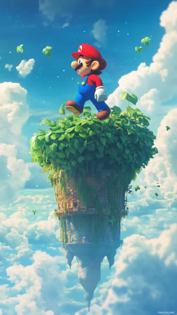 Super Mario iPhone Wallpapers showing Mario climbing a beanstalk into a floating sky world.