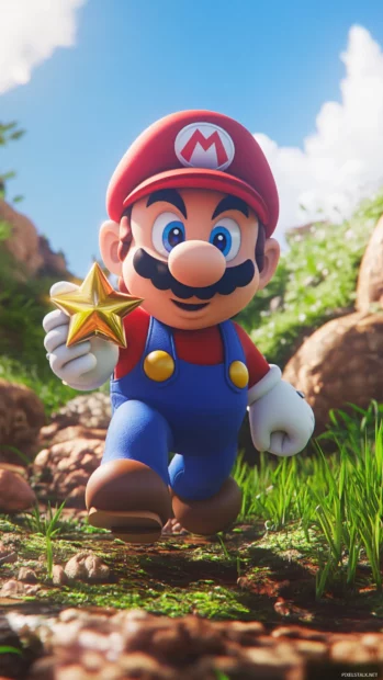 Super Mario iPhone Wallpapers showing Mario holding a Super Star and running across grass hills.