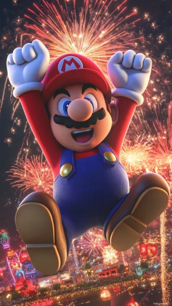 Super Mario jumps between spinning platforms while fireworks explode in the background.