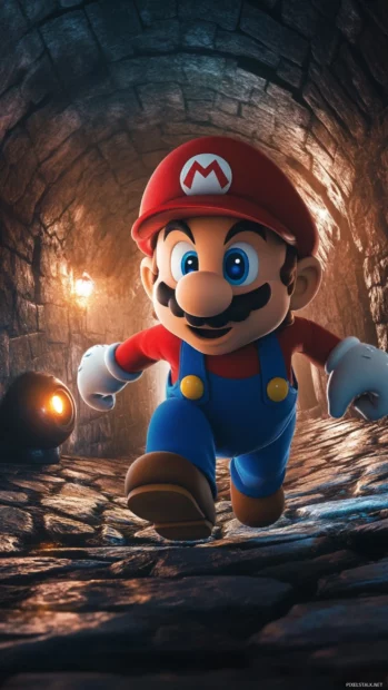 Super Mario leaps from one thwomp to another in a dark dungeon filled with danger.