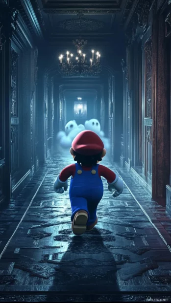 Super Mario lock screen iPhone, with a mischievous Boo floating silently in a haunted mansion hallway.