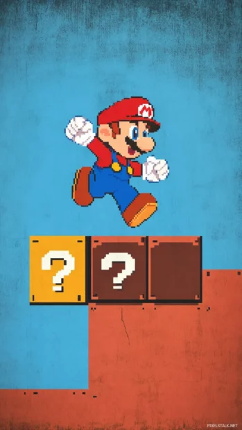 Super Mario mobile wallpaper, featuring Mario jumping over a Goomba in a classic 8 bit style.