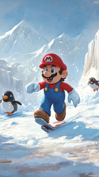 Super Mario skates across an icy platform chased by sliding penguins.