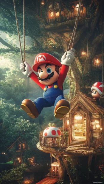 Super Mario swings on vines between treehouses filled with helpful Toads.