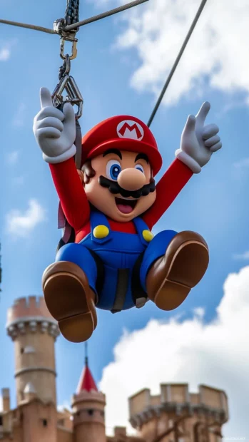Super Mario waves at Toad as he descends a zipline toward the castle gates.