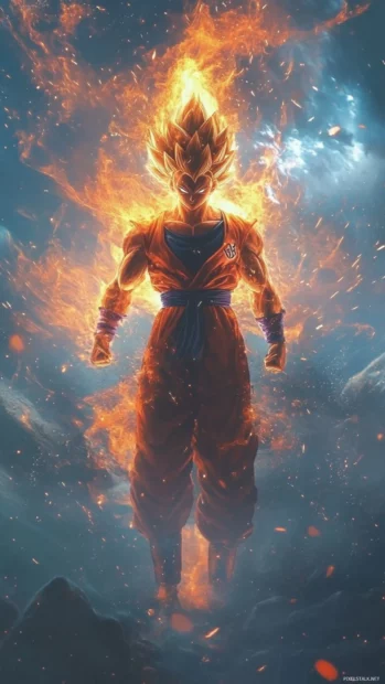 Super Saiyan Goku blocks an energy beam with one arm and counters instantly.