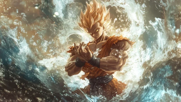 Super Saiyan Goku floats with his arms folded and energy flaring upward in waves.