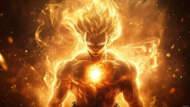Super Saiyan Goku stares forward with golden hair raised and aura vibrating.