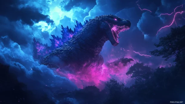 Supercharged Godzilla HD wallpapers during nightfall with a glowing stormy backdrop.