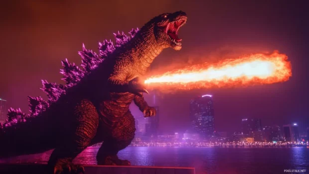 Supercharged Godzilla HD wallpapers with glowing atomic breath lighting up the skyline.