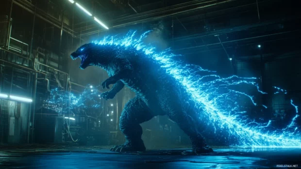 Supercharged Godzilla preparing to strike as blue sparks trail behind.