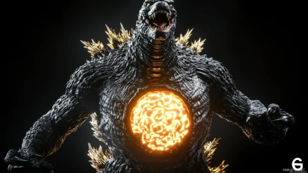 Supercharged core glows within the chest of the roaring titan Godzilla.