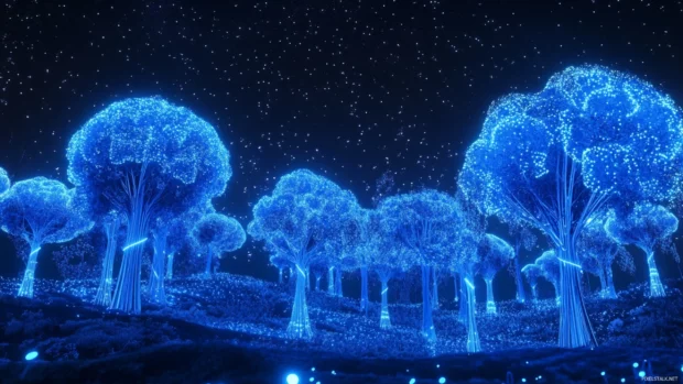 Surreal blue neon forest under starry sky.