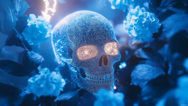 Surreal blue skull, intricate bone patterns, neon blue flowers, electric light effects.