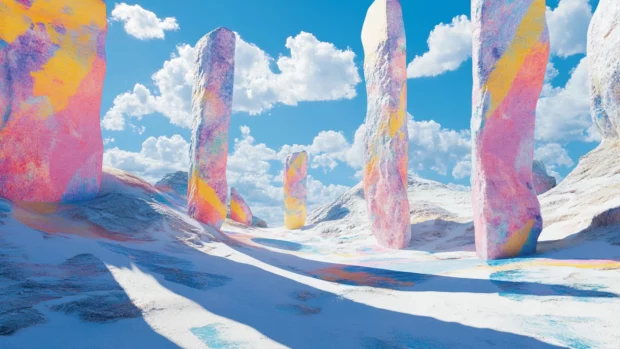 Surreal desert with hovering neon shapes casting long shadows across psychedelic terrain.