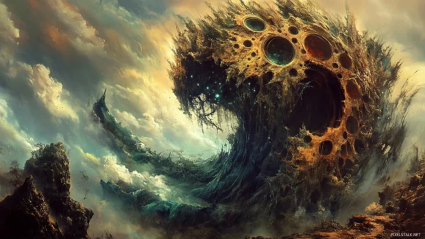 Surreal digital painting with abstract shapes, unique PC wallpapers 1920x1080 design.