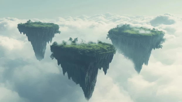 Surreal floating islands in a clear sky.