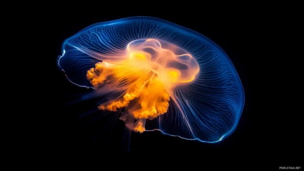 Surreal image of a jellyfish illuminated by neon like glowing colors, floating in the deep ocean with a gentle light halo around it.