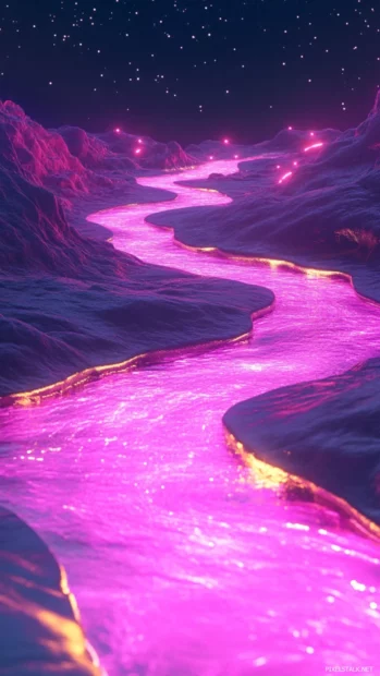 Surreal landscape illuminated by pink neon rivers, Pink neon dreamscape background.