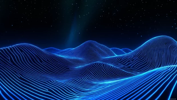 Surreal landscape under blue neon auroras, Blue neon lines background.