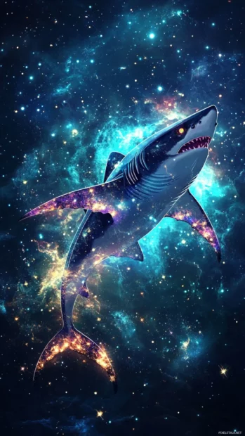 Surreal shark wallpaper with galaxy background and glowing fins.