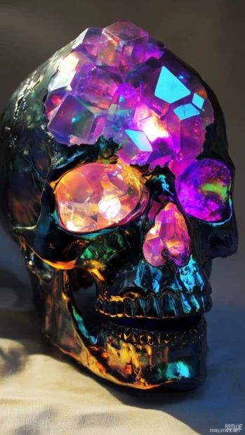Surreal skull, cracks revealing glowing crystals, blend of darkness and light.
