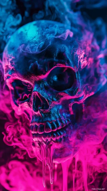 Surreal skulls melting in fluorescent ink, ideal for dark aesthetic trippy phone backgrounds.