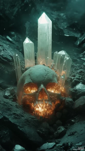 Surrealist skull, cracked surface, glowing crystals inside, dark and ethereal contrast (2).