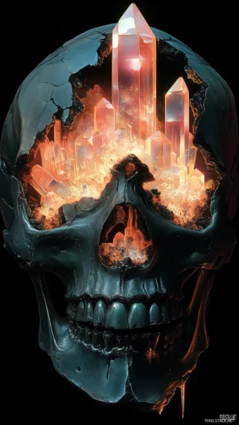 Surrealist skull, cracked surface, glowing crystals inside, dark and ethereal contrast.